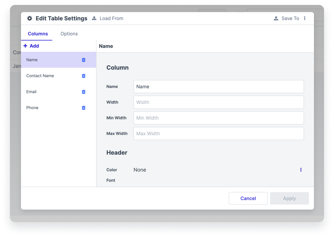 Configuration Panel for Table