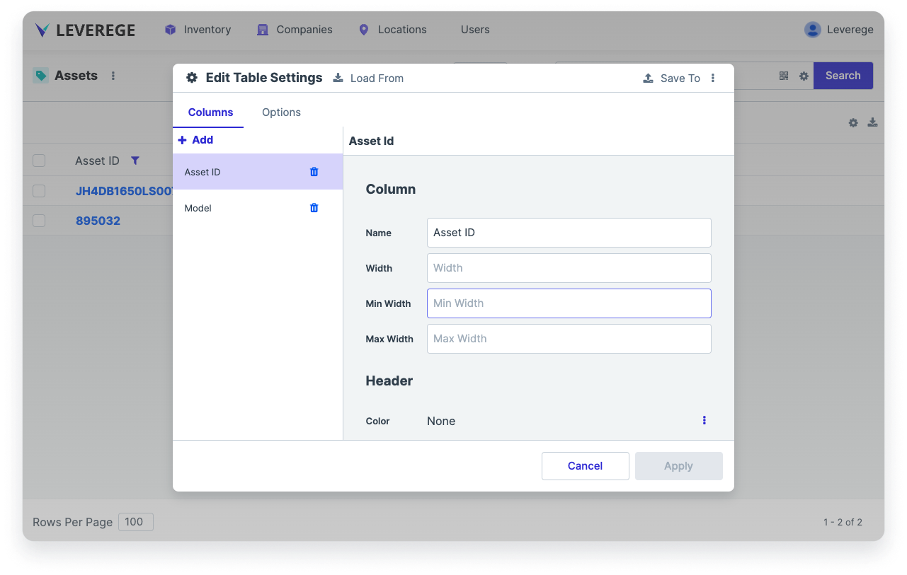 Table viewer config panel